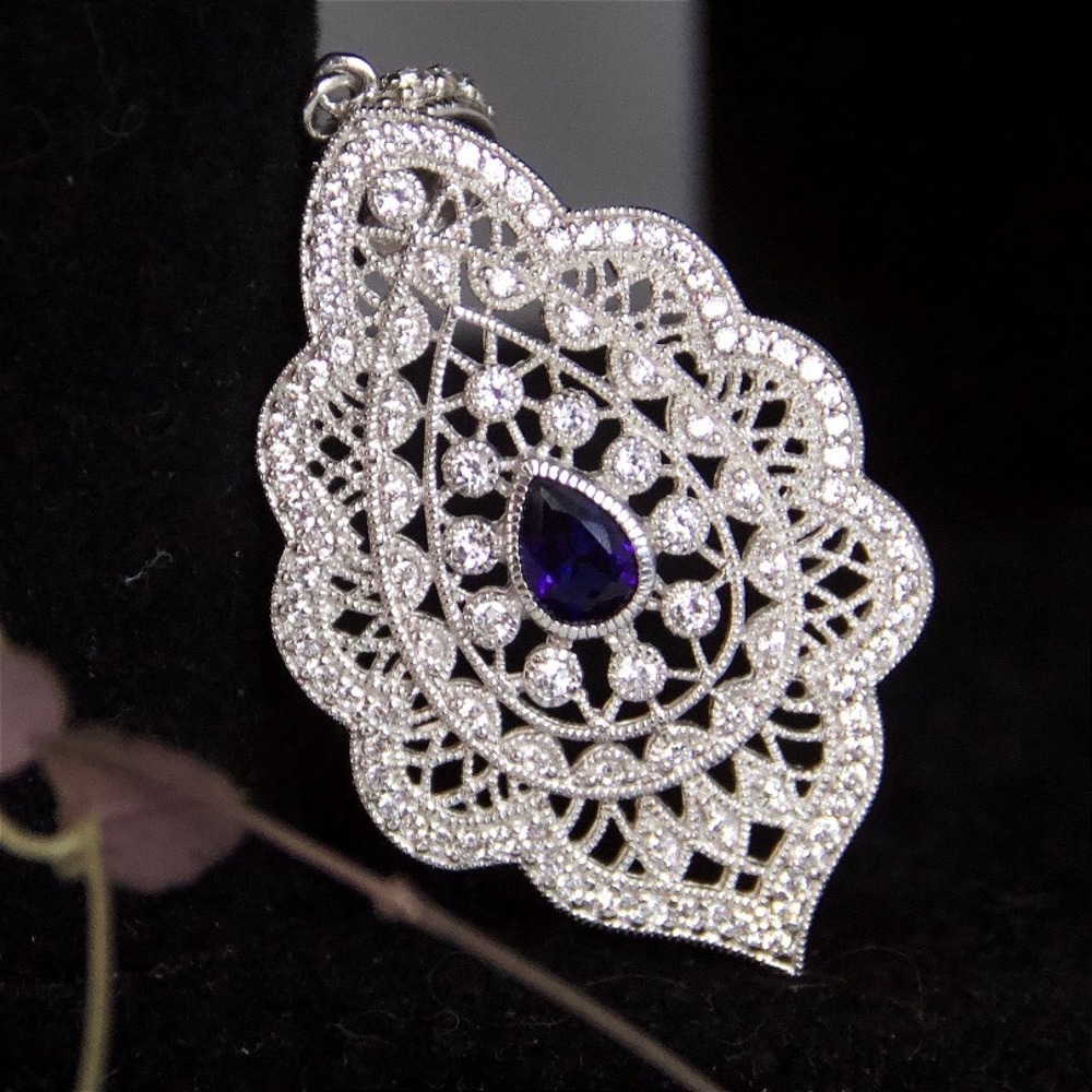 ESPO Sterling Silver 925 CZ Blue Sapphire Magnetic Snap Filigree Pendant - Picture 3 of 8